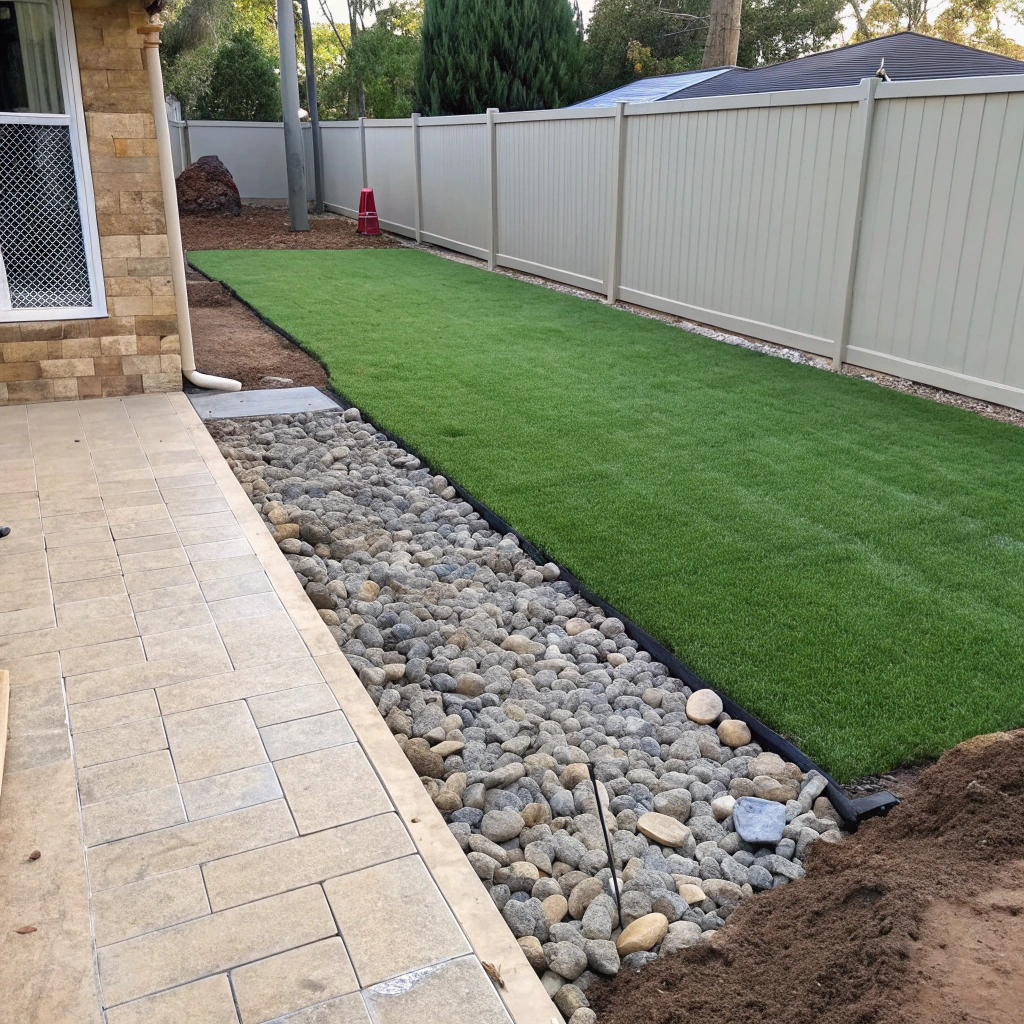 Artificial turf dog run base preparation showing compacted sub-base and drainage layer