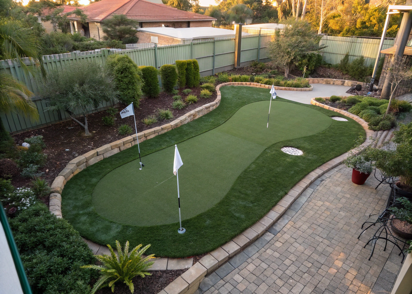 putting-green-turf-supply-newcastle Completed backyard synthetic putting green in Newcastle residential garden