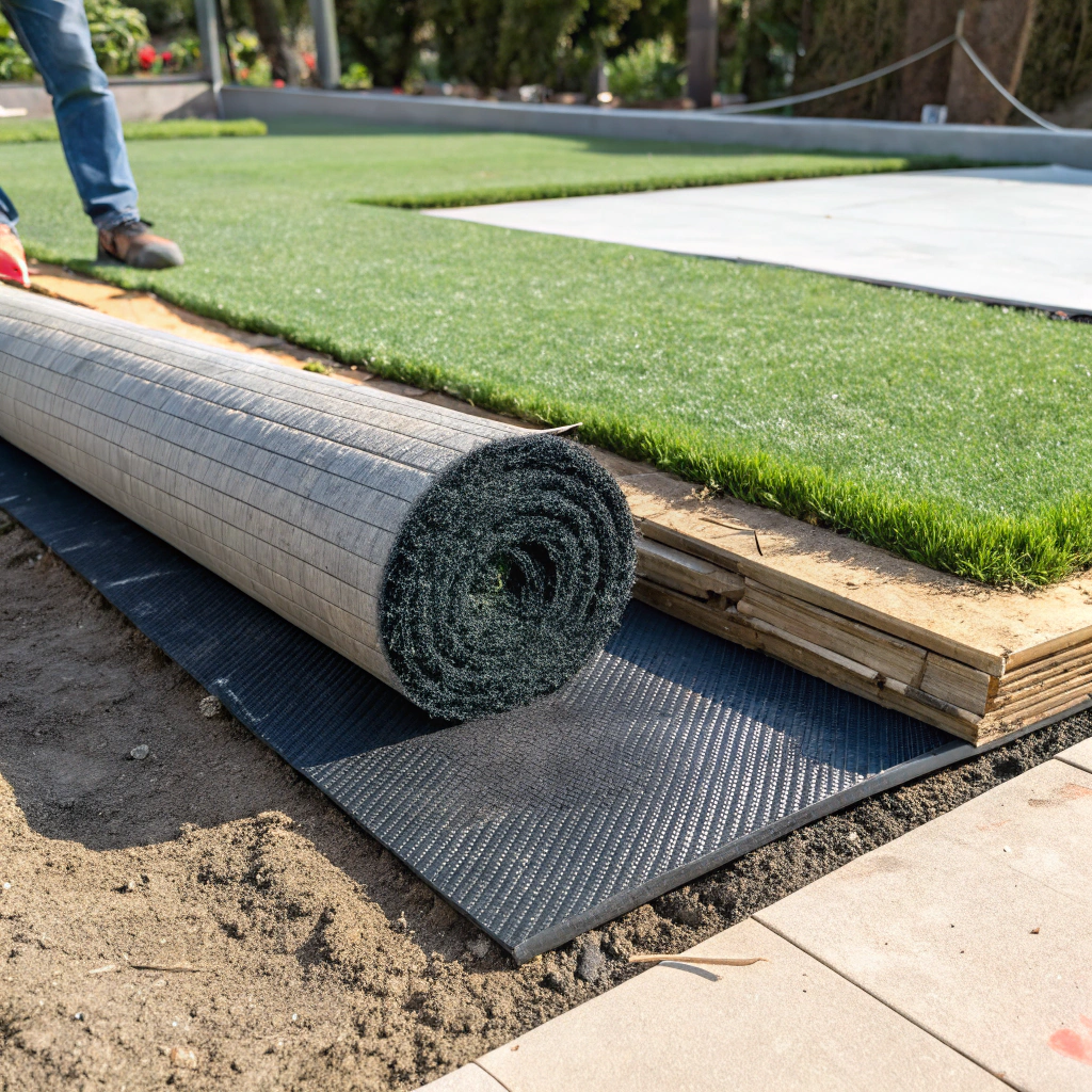 AS 4422 soft fall underlay layer being installed beneath synthetic turf at a childcare centre