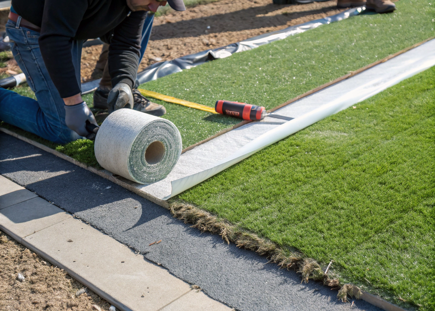 synthetic-grass-joining-tape-adhesive-newcastle Synthetic grass seam being joined with tape and two-part adhesive during DIY installation Newcastle