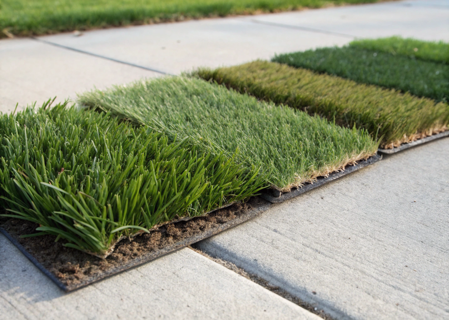 synthetic-grass-supply-newcastle-sample-selection Synthetic grass samples laid out for selection at a Newcastle turf supplier
